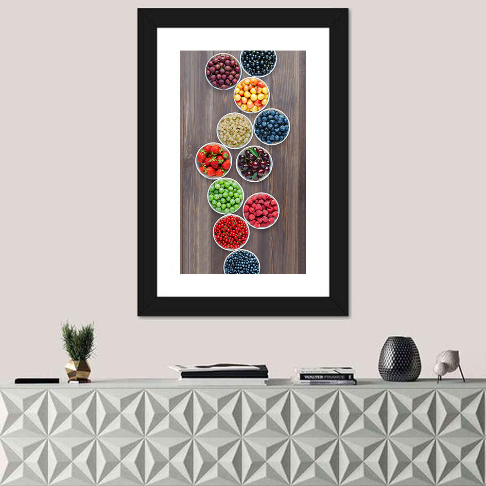 Ten Round Bowls of Berries Wall Art in a room, portrait