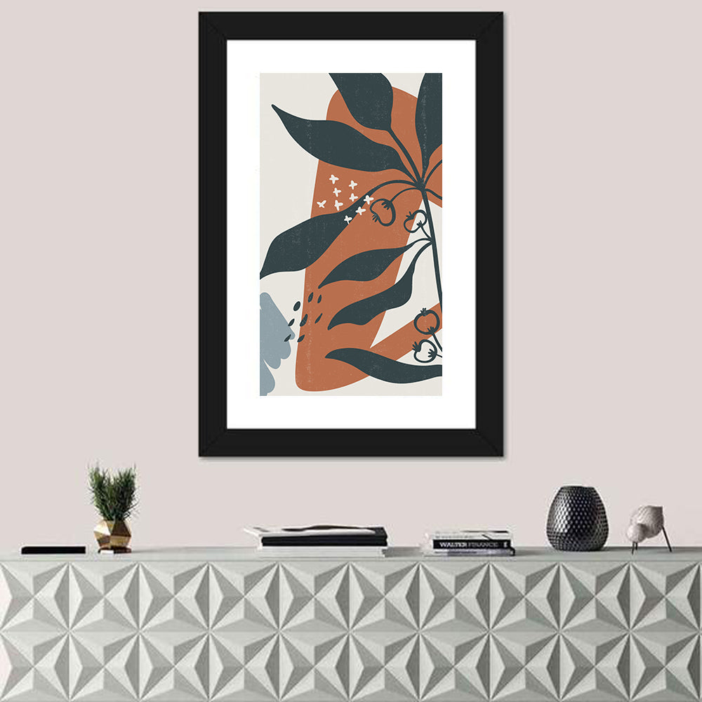 Boho Floral Abstract, Dark Blue and Terracotta Wall Art in a room, portrait