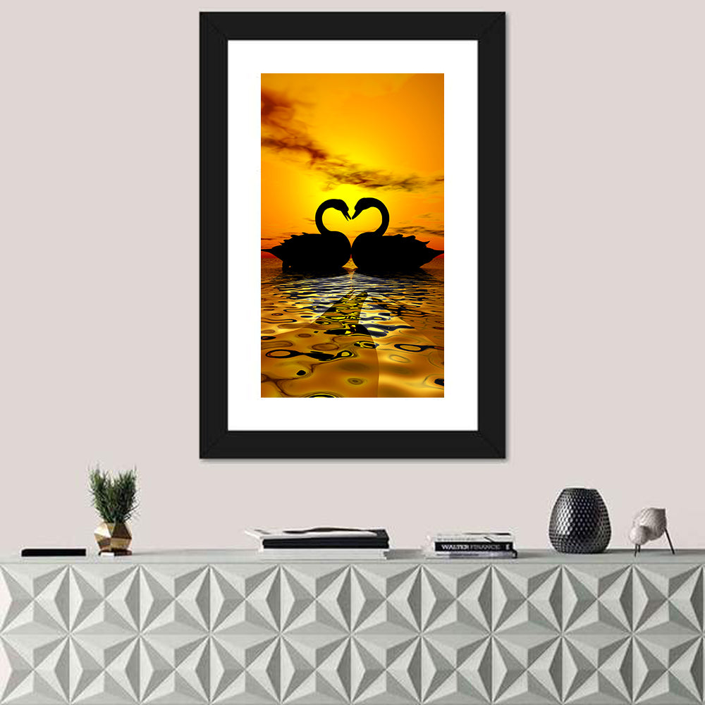 Swans Forming Heart at Sunset Wall Art in a room, portrait