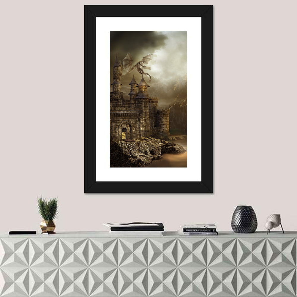 Dragon Perched on Castle Wall Art in a room, portrait