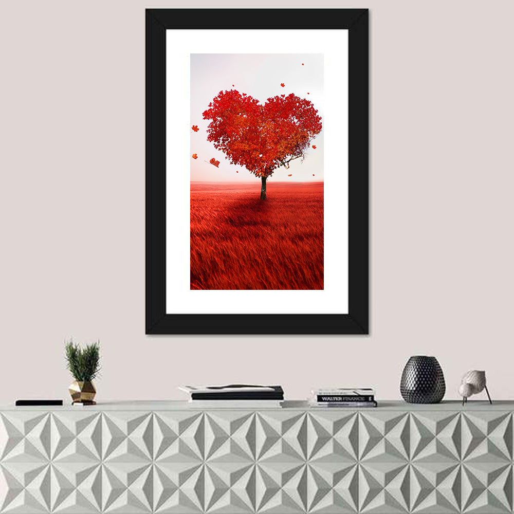 Heart-shaped Tree in Red Field Wall Art in a room, portrait