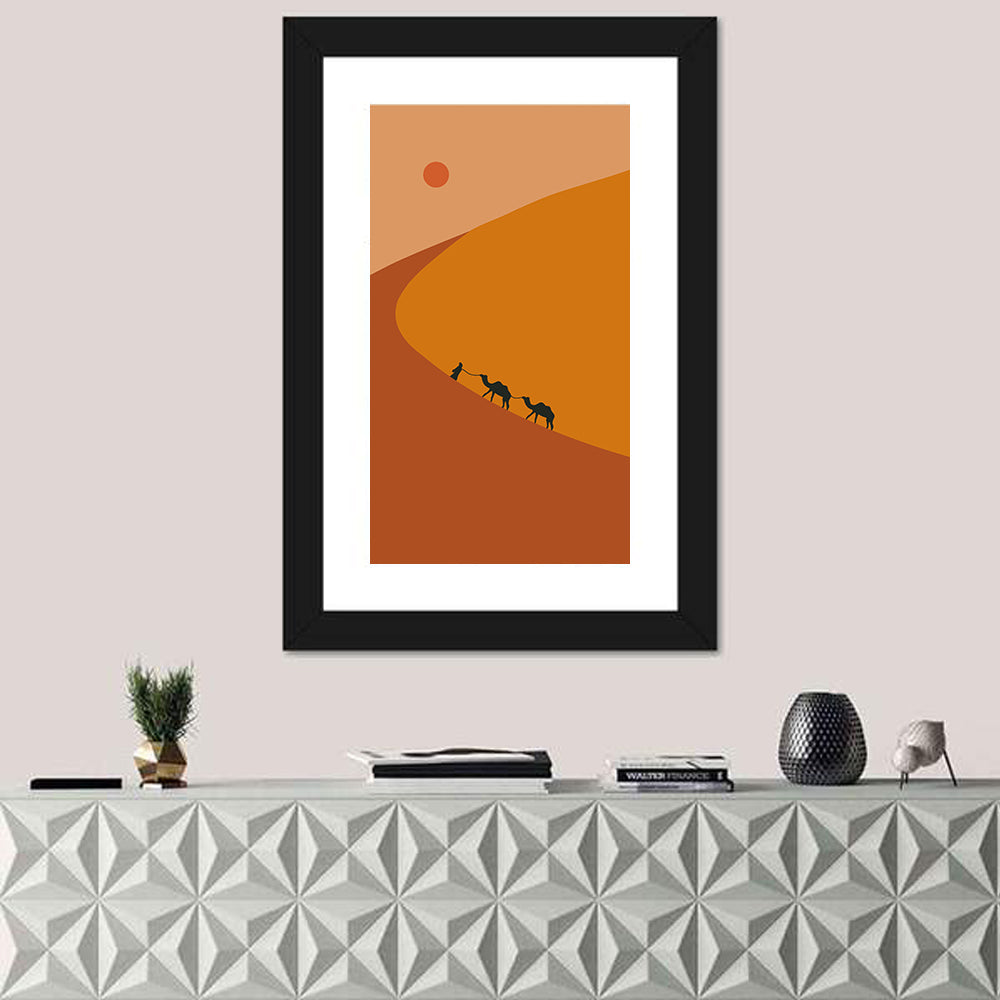 Minimalist Desert Caravan Wall Art in a room, portrait