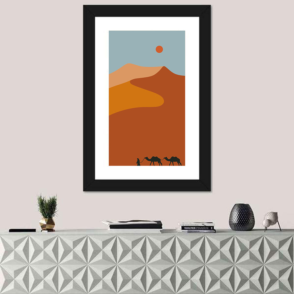 Desert Dunes with Camels Wall Art in a room, portrait
