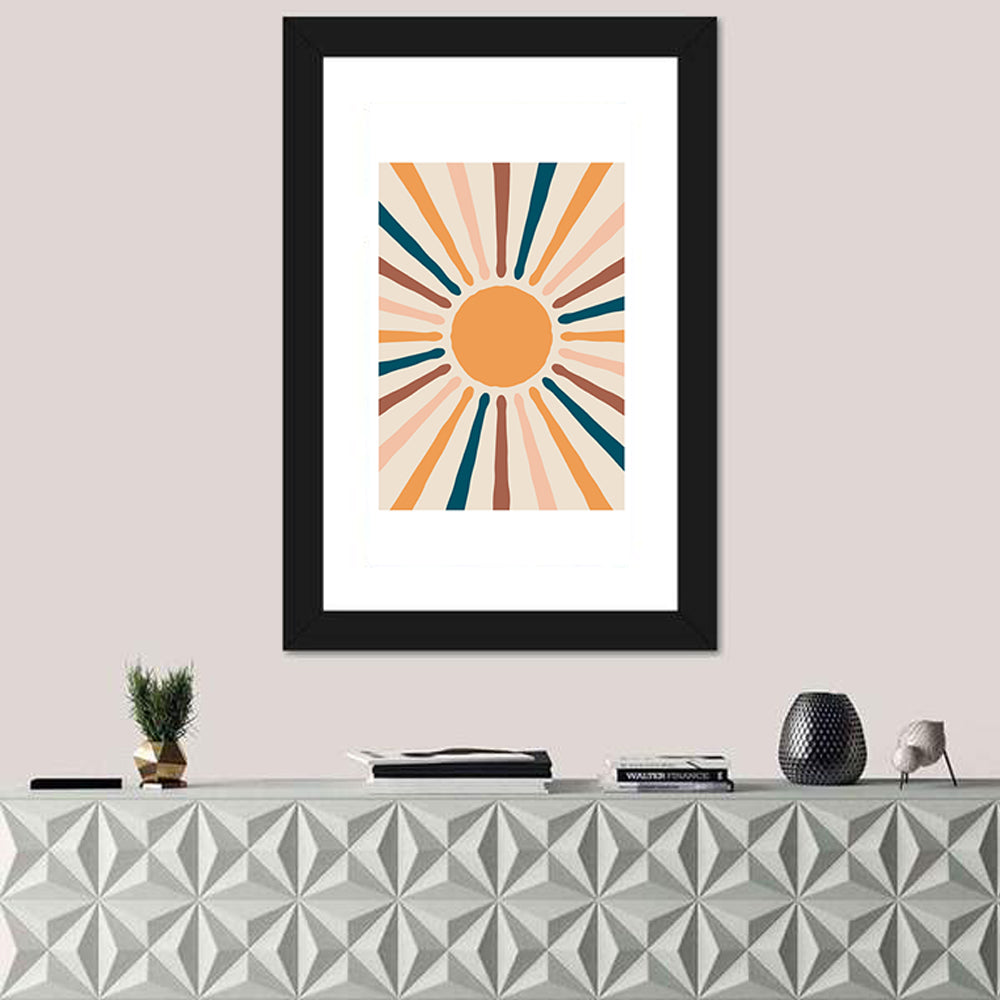 Boho Sunburst Abstract Wall Art in a room, portrait