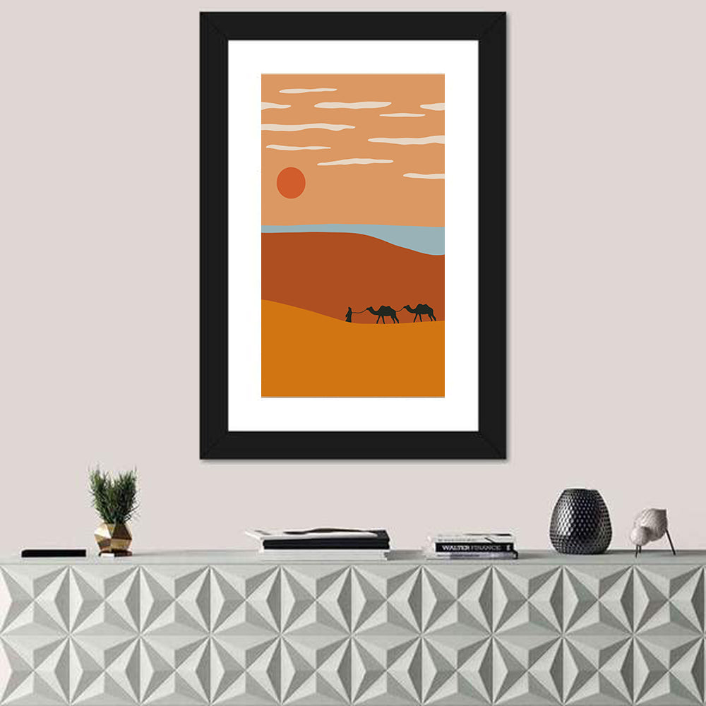 Minimalist Camel Caravan Sunset Wall Art in a room, portrait