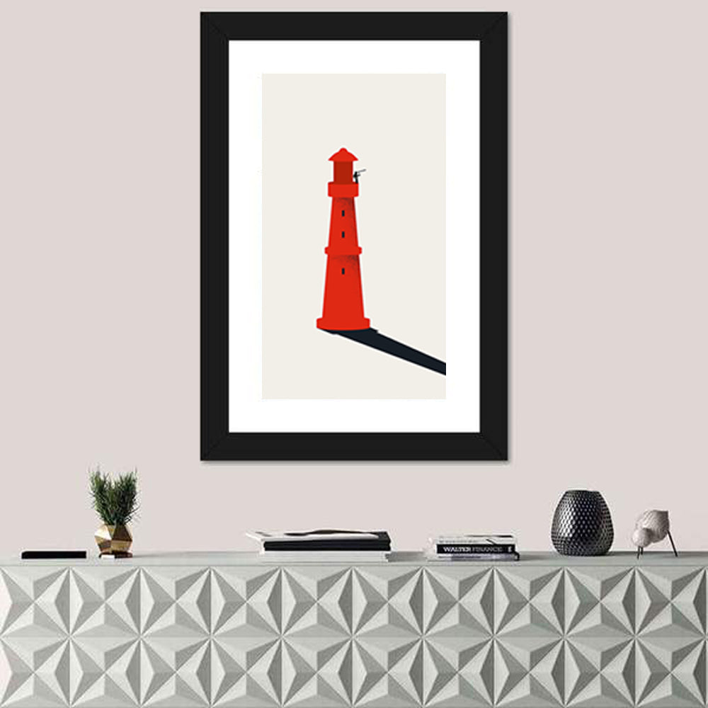 Red Lighthouse with Telescope Silhouette Wall Art