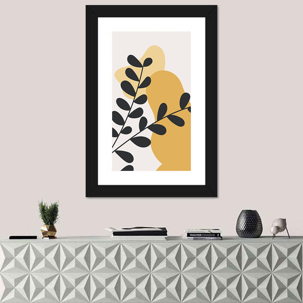 Diagonal Black Leaves with Golden Shapes Wall Art in a room, portrait