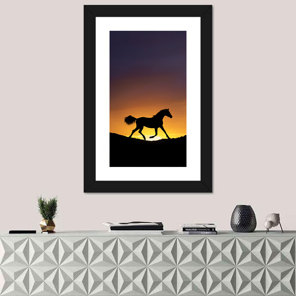 Running Horse Silhouette Wall Art in a room, portrait