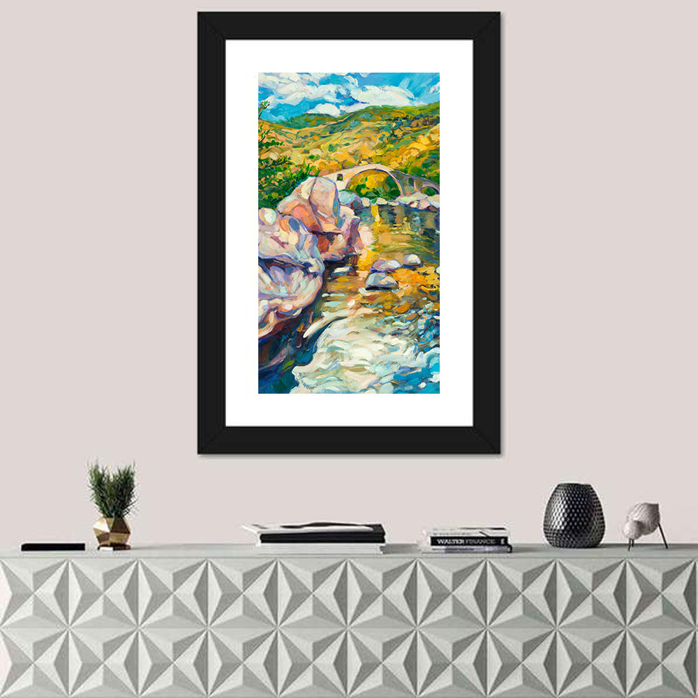 Arched Stone Bridge in Mountain River Wall Art in a room, portrait