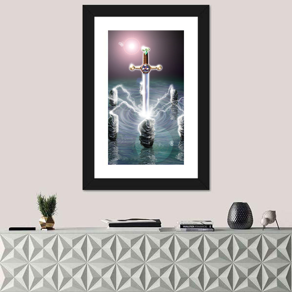 King Arthur Sword in Stone Illustration Wall Art in a room, portrait