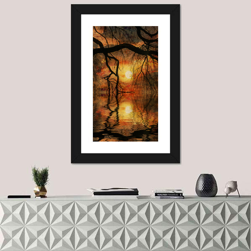 Lake Tree Silhouette at Golden Sunset Wall Art