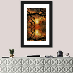 Lake Tree Branches Sunset Wall Art