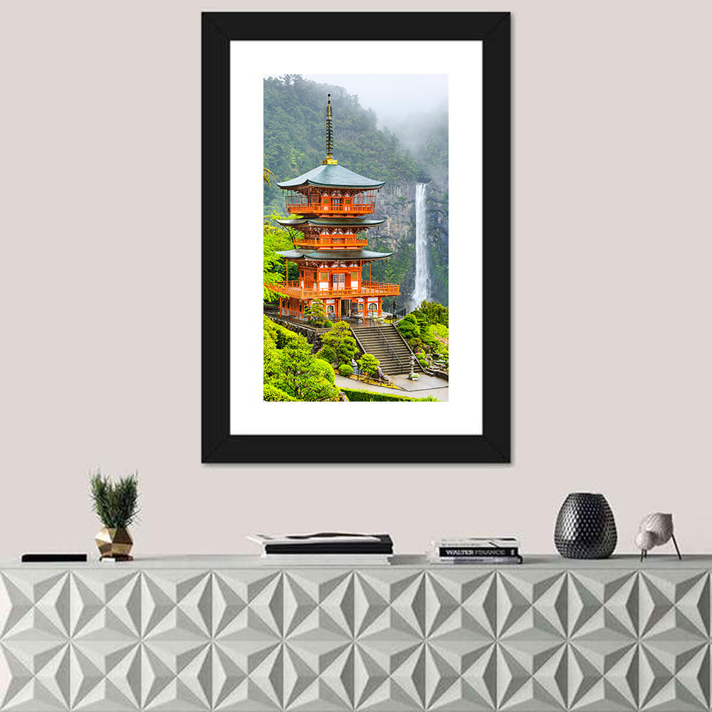 Seiganto-ji Pagoda at Nachi Falls Wall Art in a room, portrait