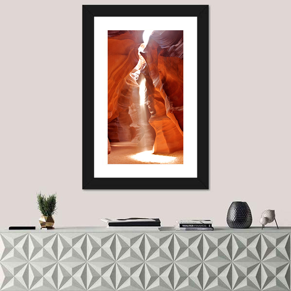 Upper Antelope Canyon Light Beam Wall Art in a room, portrait