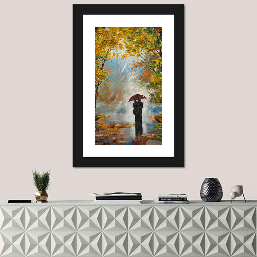 Couple in Autumn Forest Wall Art in a room, portrait