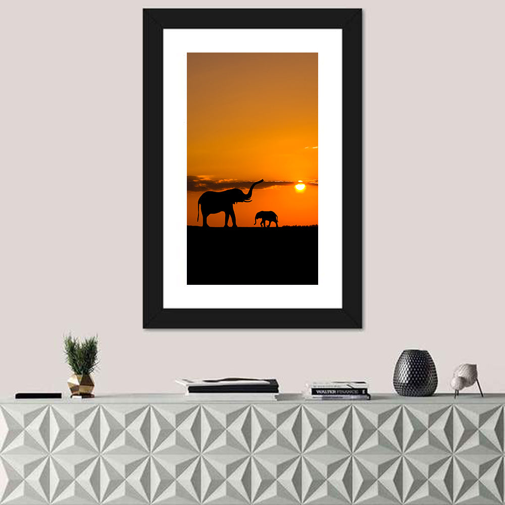 Savannah Elephant Silhouettes Wall Art in a room, portrait