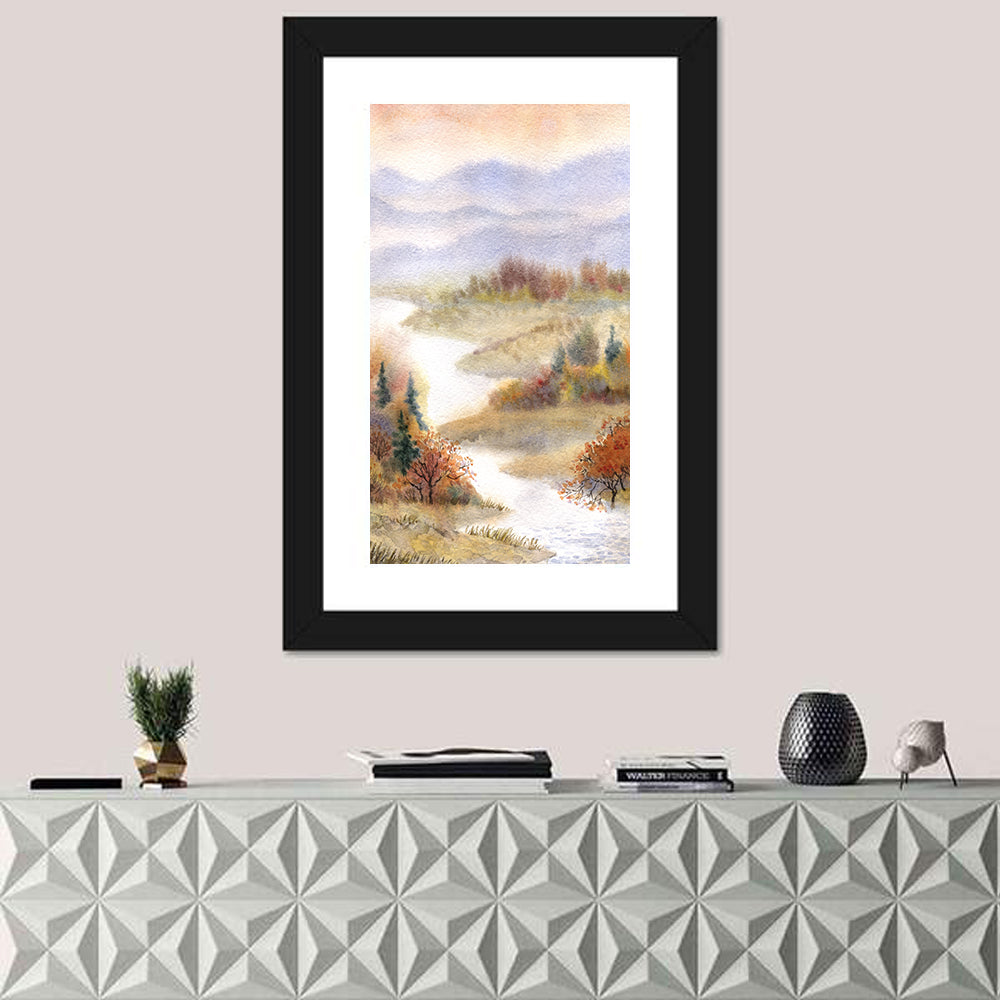 Autumn River Landscape Wall Art in a room, portrait