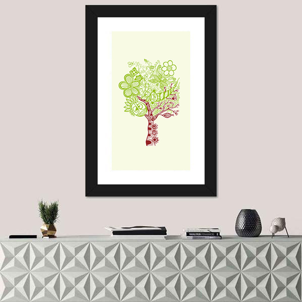 Surreal Tree with Sun Face Wall Art in a room, portrait