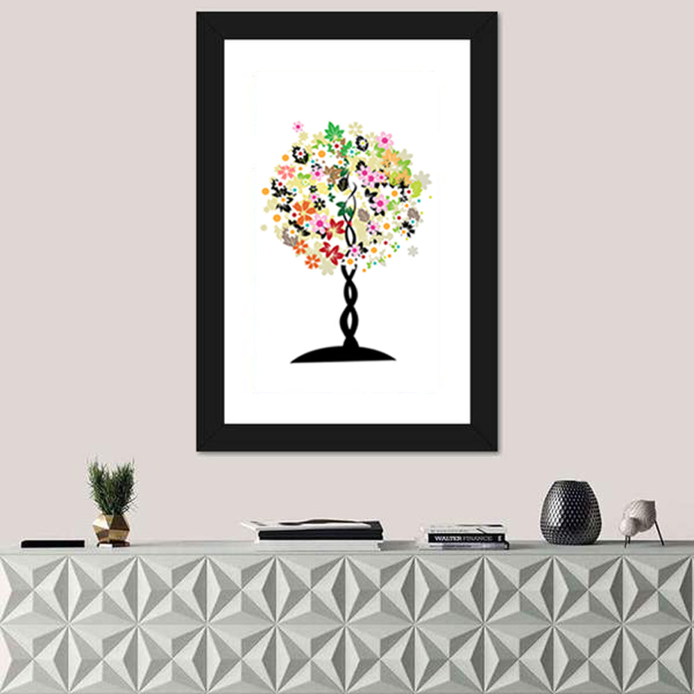Braided Trunk Floral Tree Illustration Wall Art in a room, portrait
