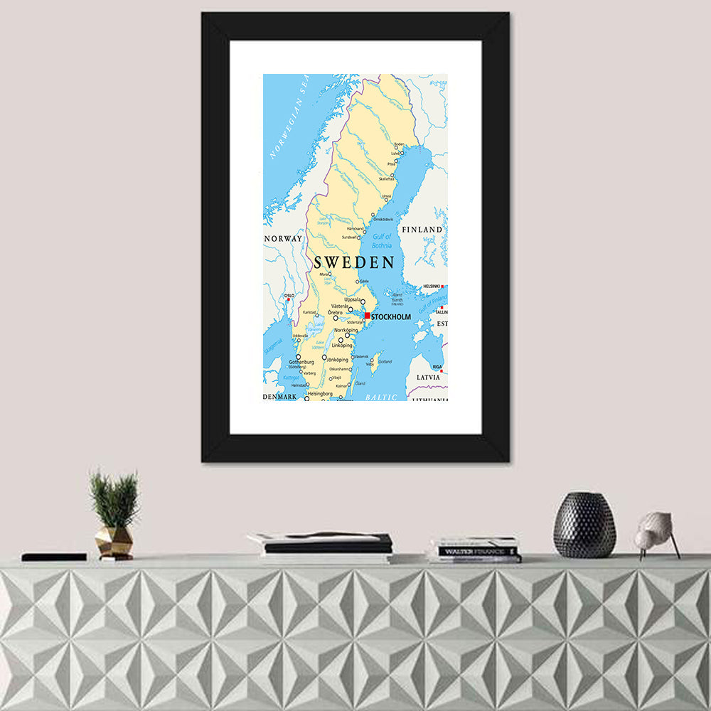 Political Map of Sweden Wall Art in a room, portrait
