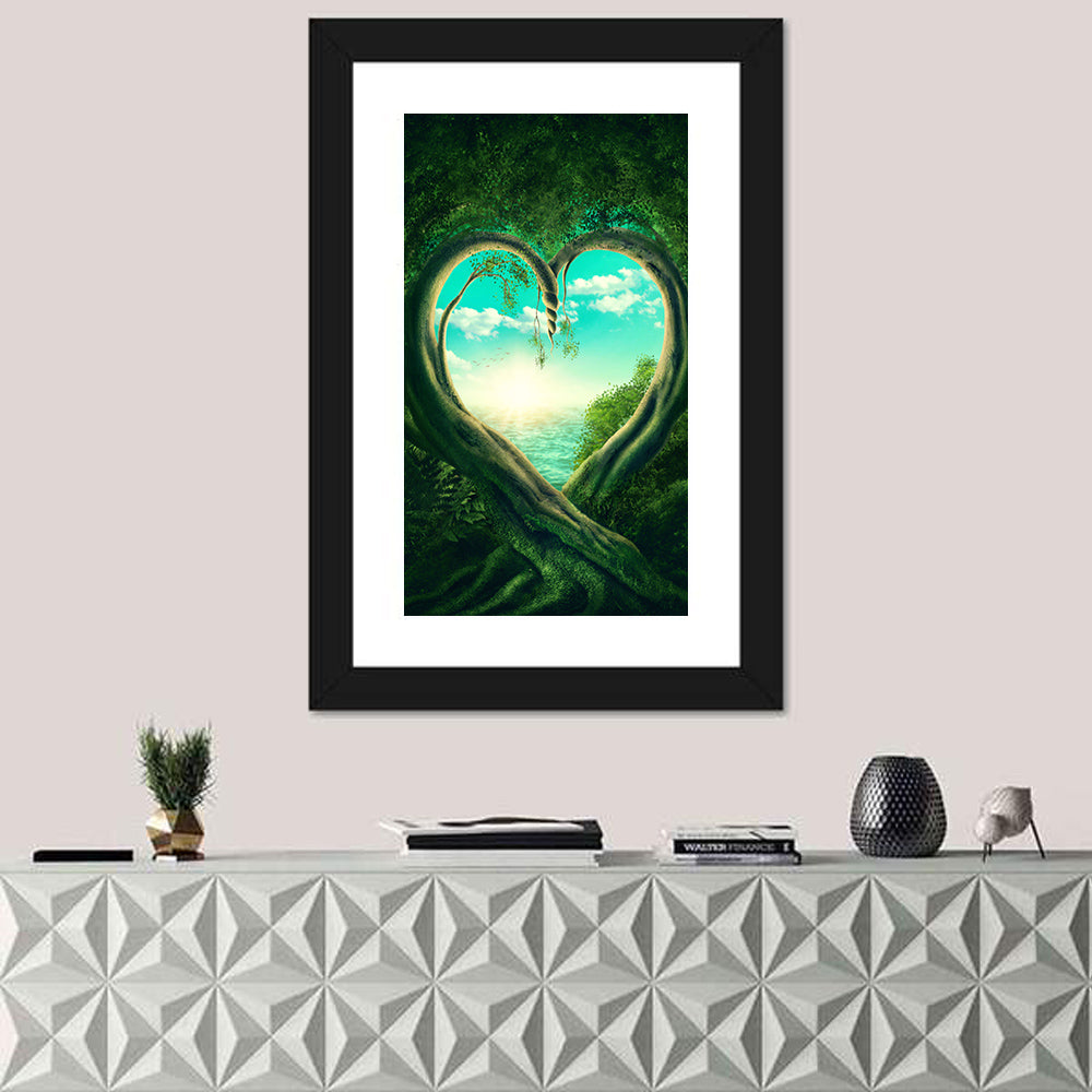Two Trees Forming a Heart Wall Art in a room, portrait