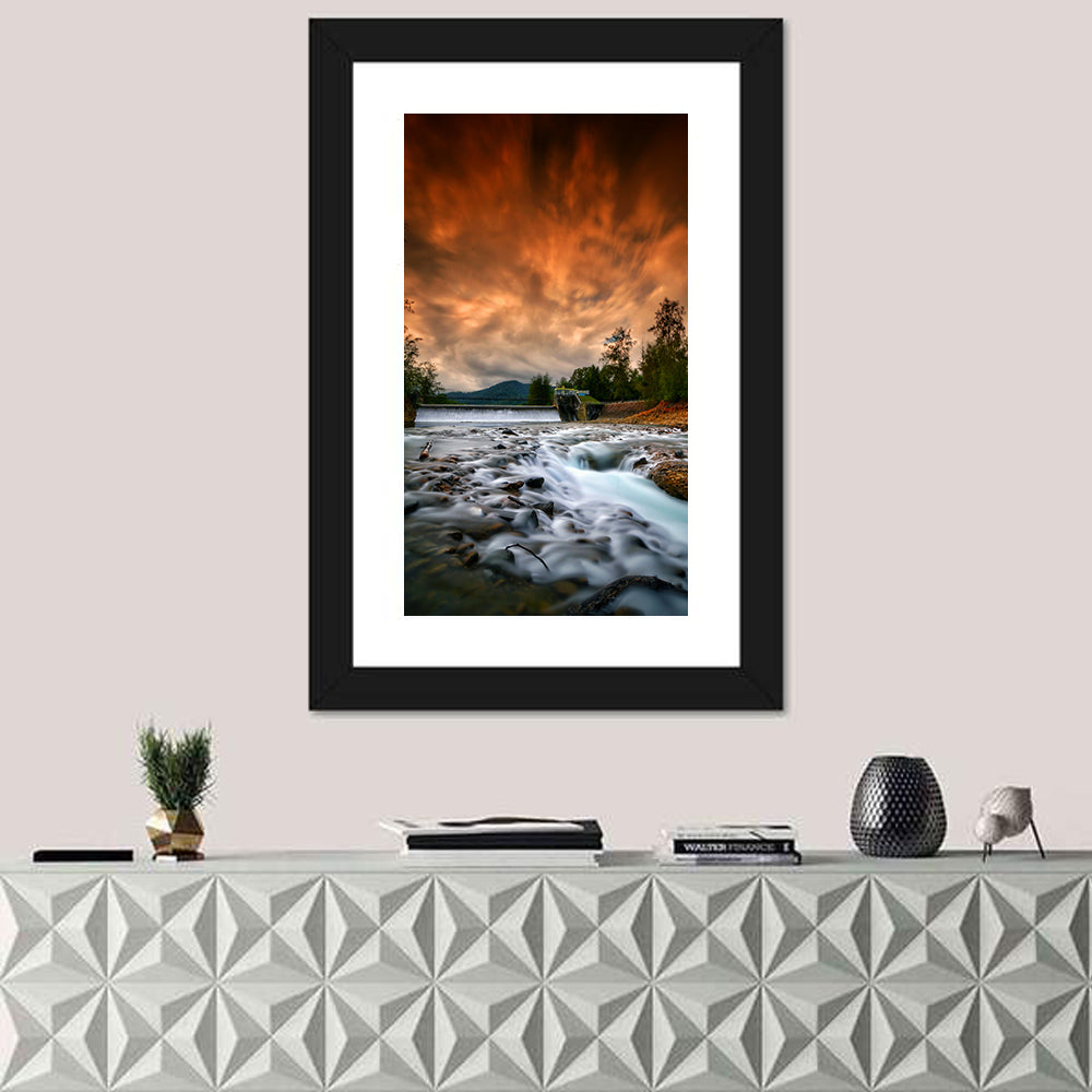 Mentawa Dam at Dusk Wall Art in a room, portrait