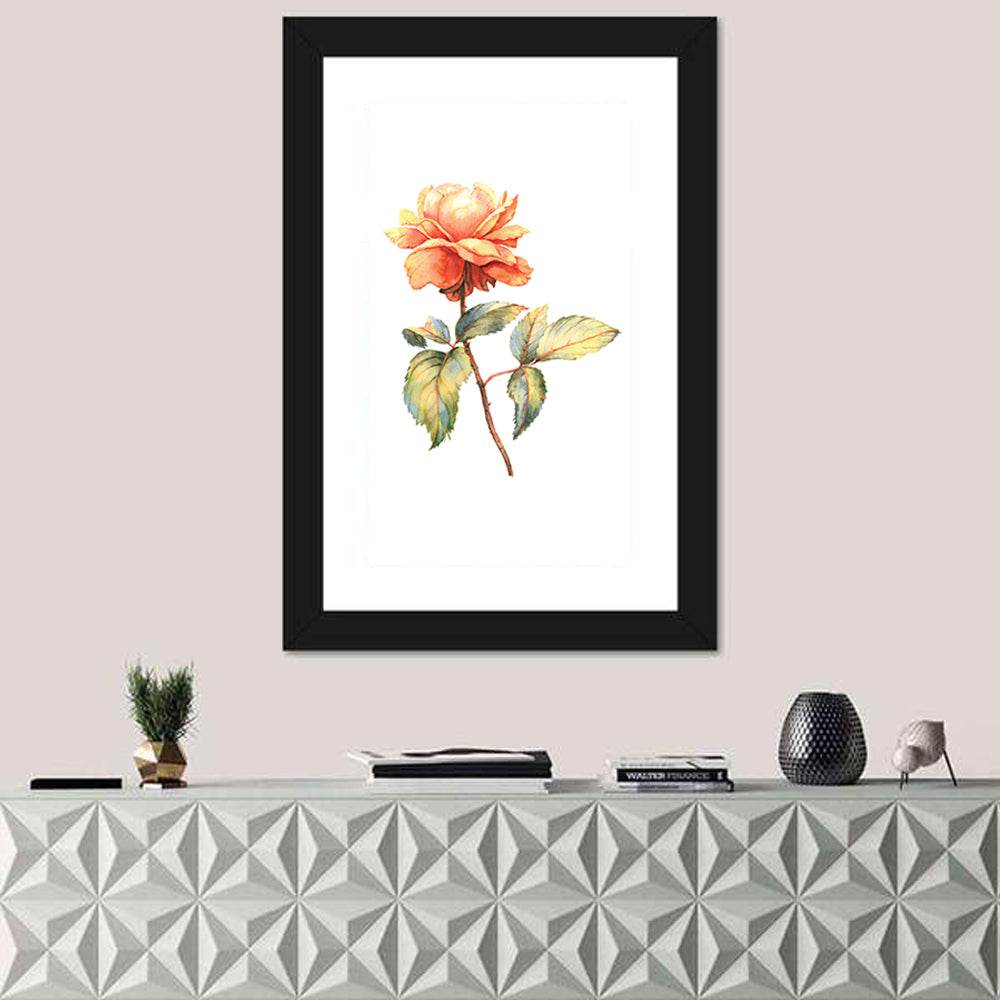 Orange Watercolor Rose Illustration Wall Art in a room, portrait
