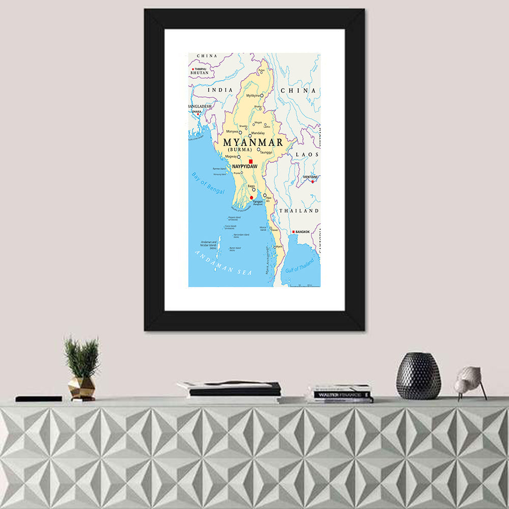 Myanmar Political Map, Blue and Yellow Wall Art in a room, portrait