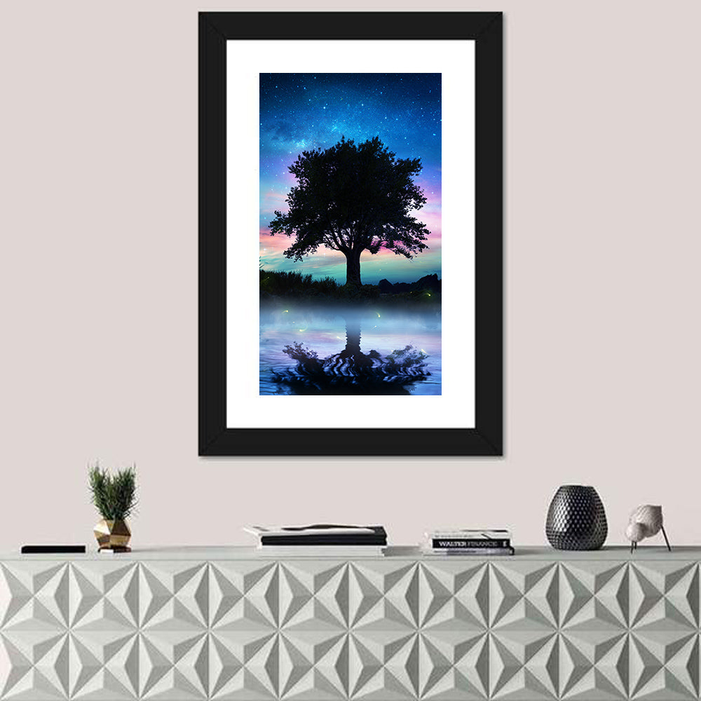 Lonely Tree Under Starry Sky Wall Art in a room, portrait