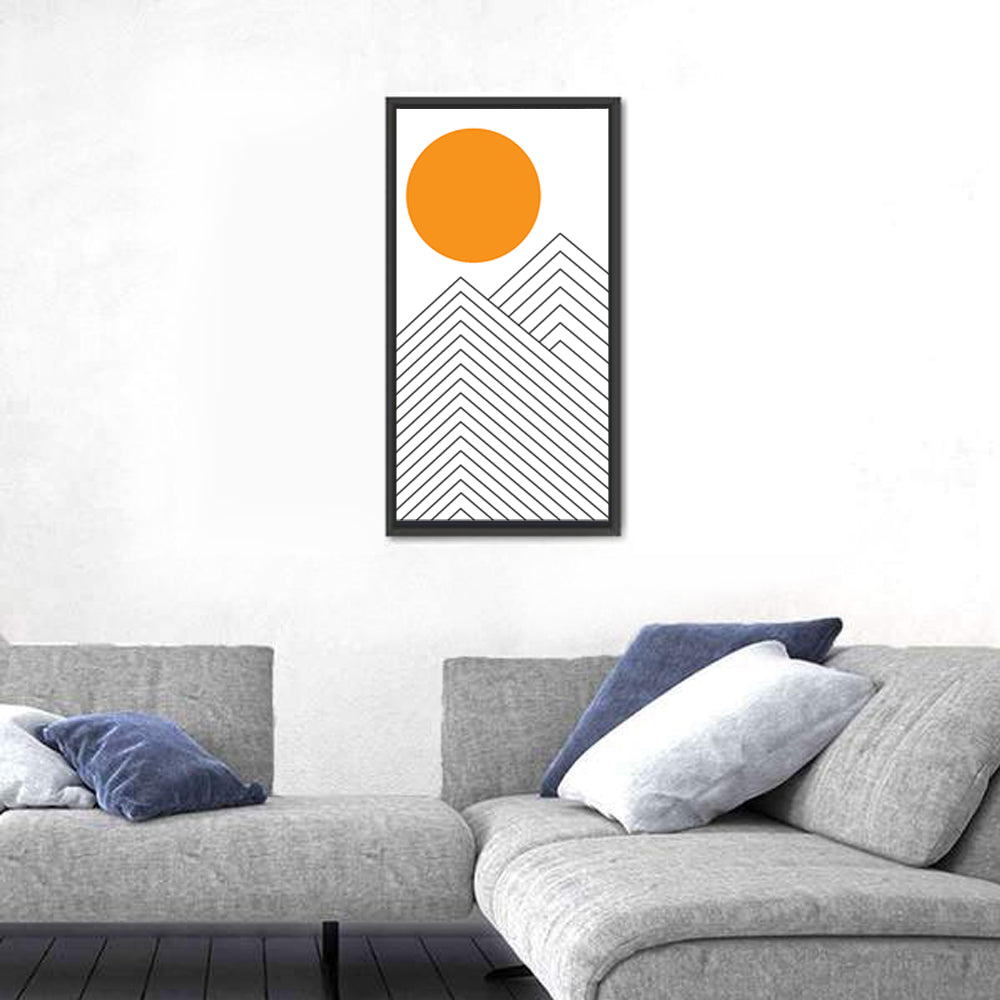 Geometric Mountain and Sun Wall Art in a room, portrait