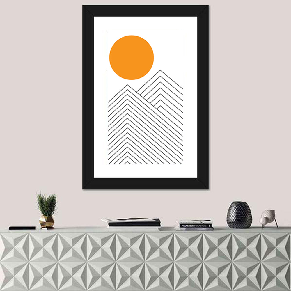 Geometric Mountain and Sun Wall Art in a room, portrait