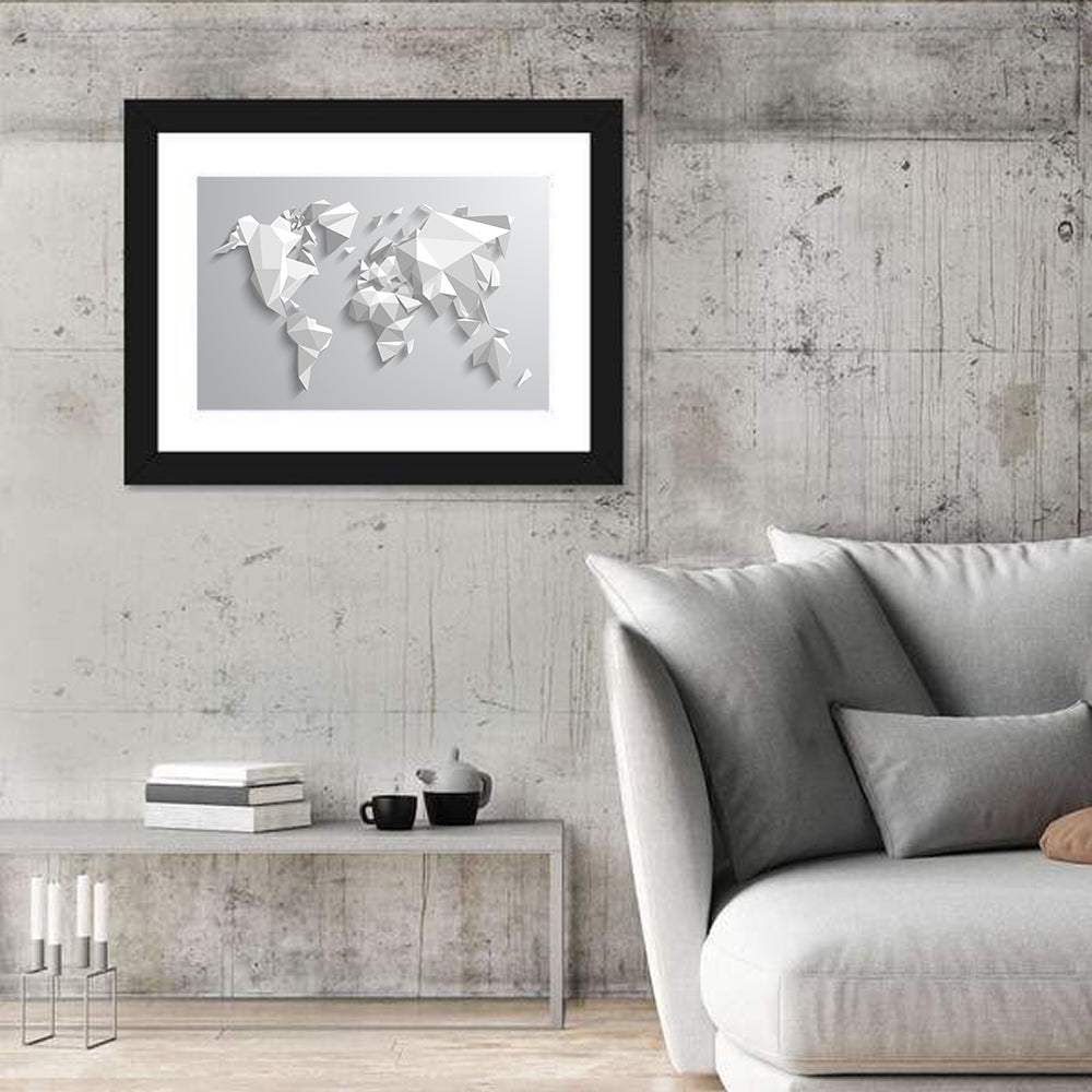 Faceted Triangular World Map Wall Art in a room, landscape