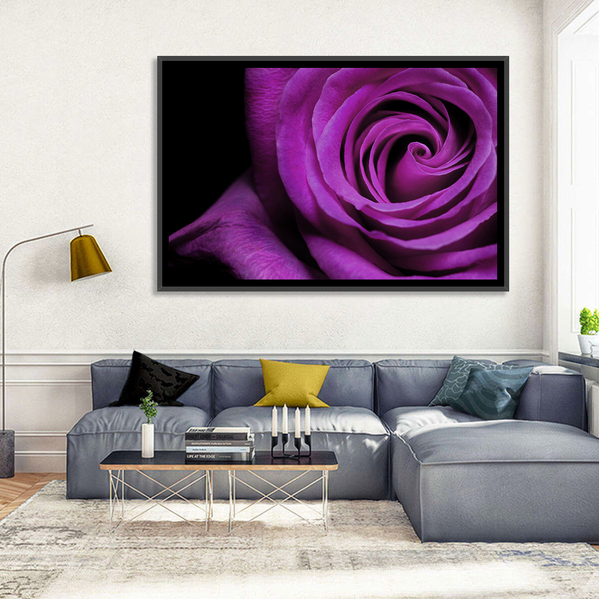 Purple Rose Close-up Wall Art in a room, landscape