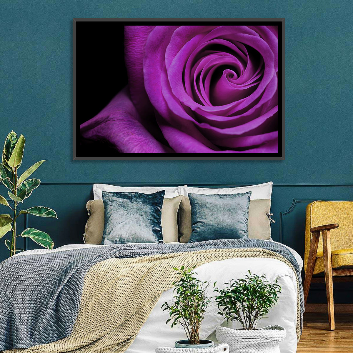 Purple Rose Close-up Wall Art in a room, landscape
