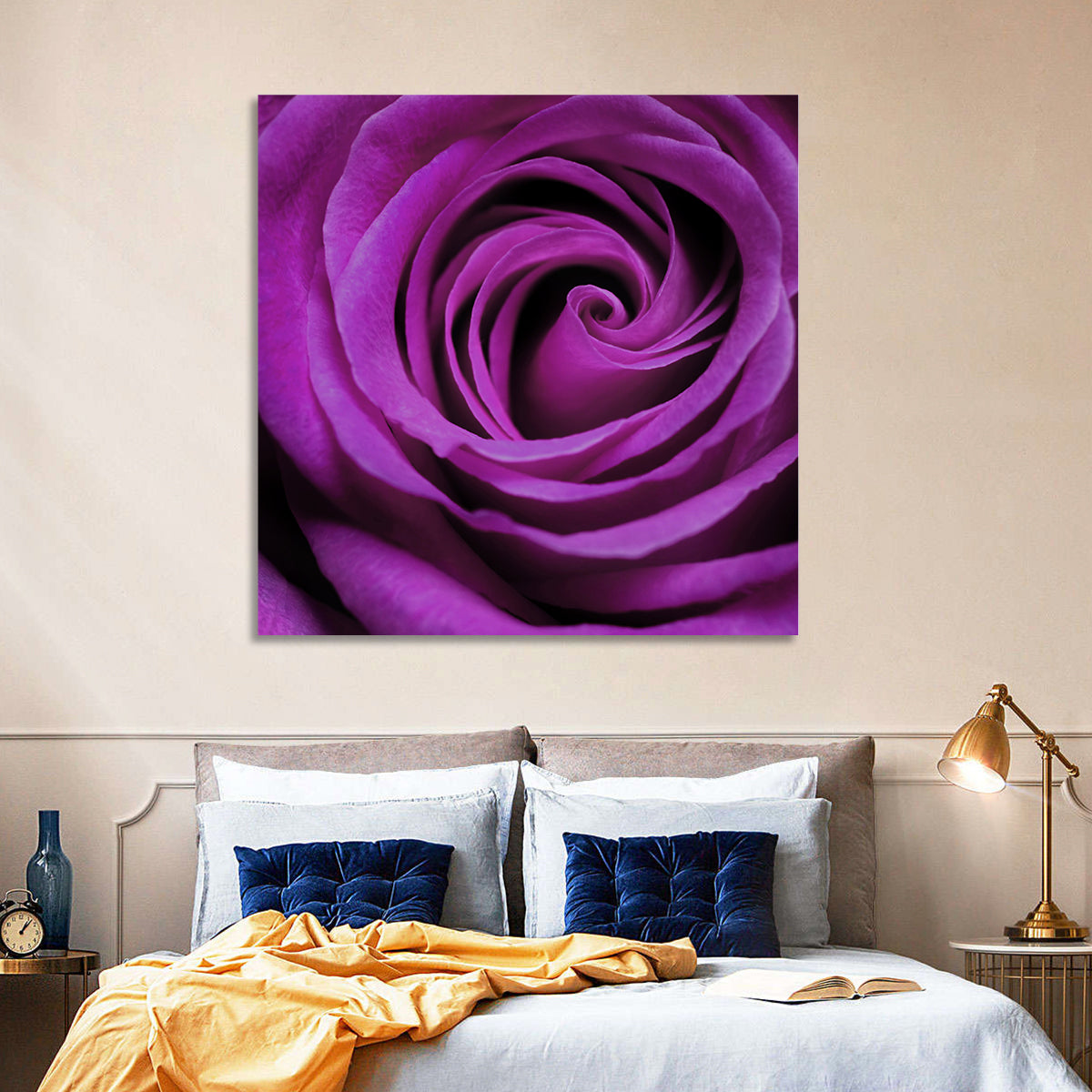 Purple Rose Close-up Wall Art in a room, landscape