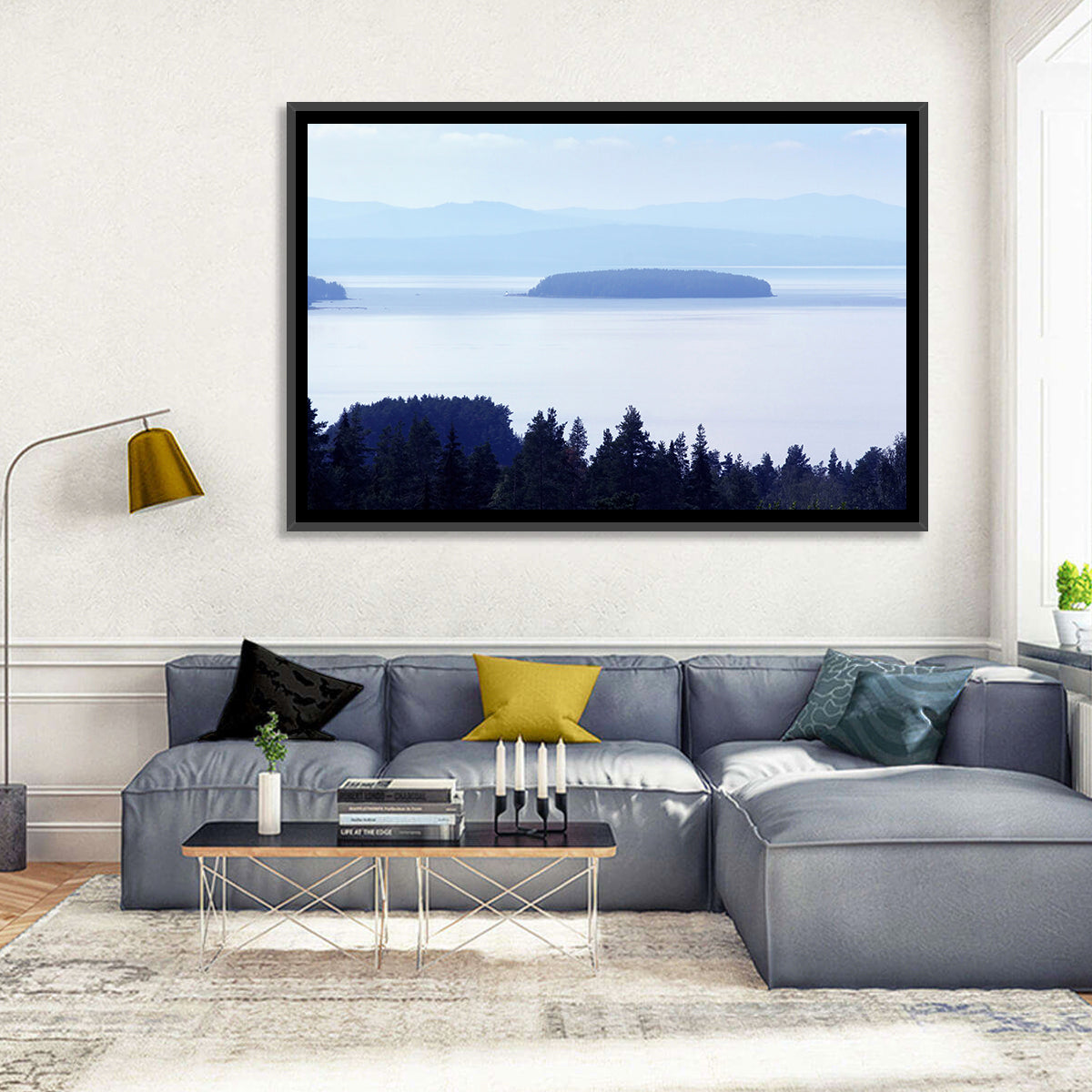 Dalarna Mist with Lighthouse Wall Art in a room, landscape