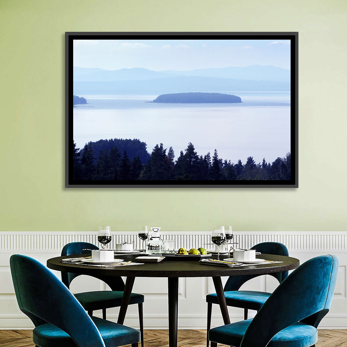 Dalarna Mist with Lighthouse Wall Art in a room, landscape