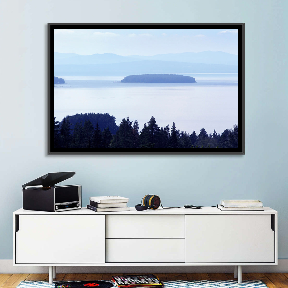 Dalarna Mist with Lighthouse Wall Art in a room, landscape