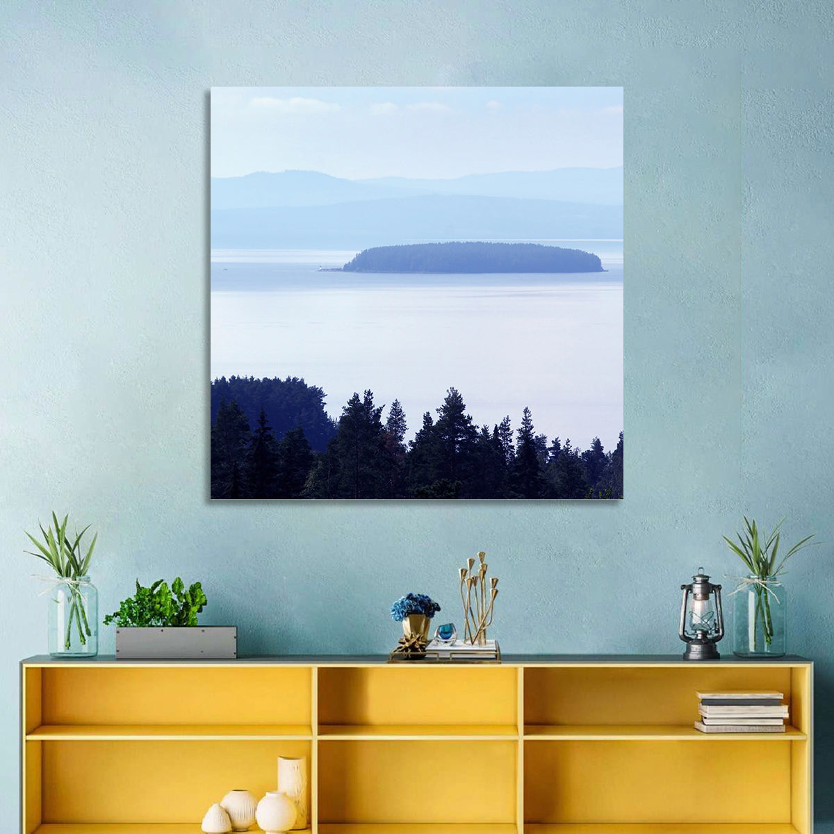 Dalarna Mist with Lighthouse Wall Art in a room, landscape