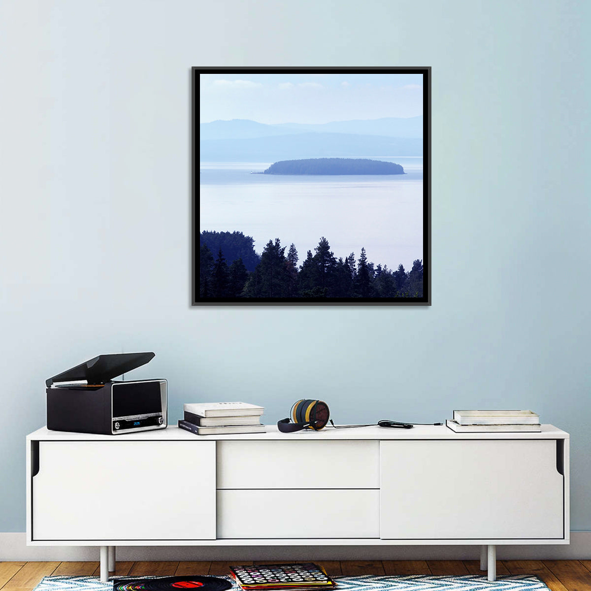 Dalarna Mist with Lighthouse Wall Art in a room, landscape
