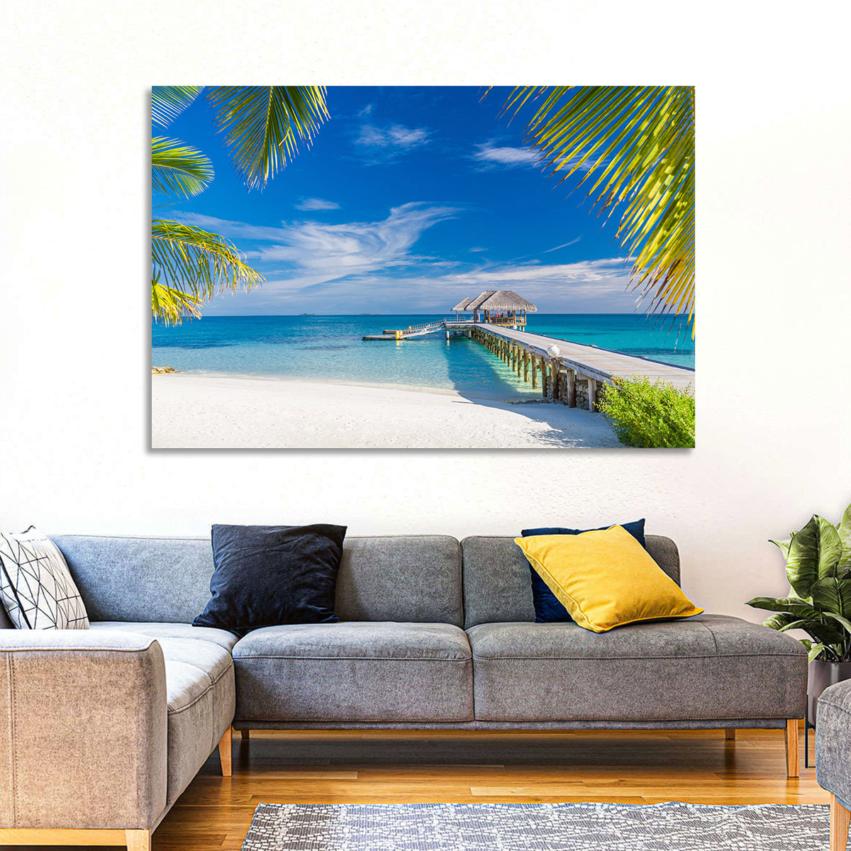 Maldives Overwater Pier Wall Art in a room, landscape