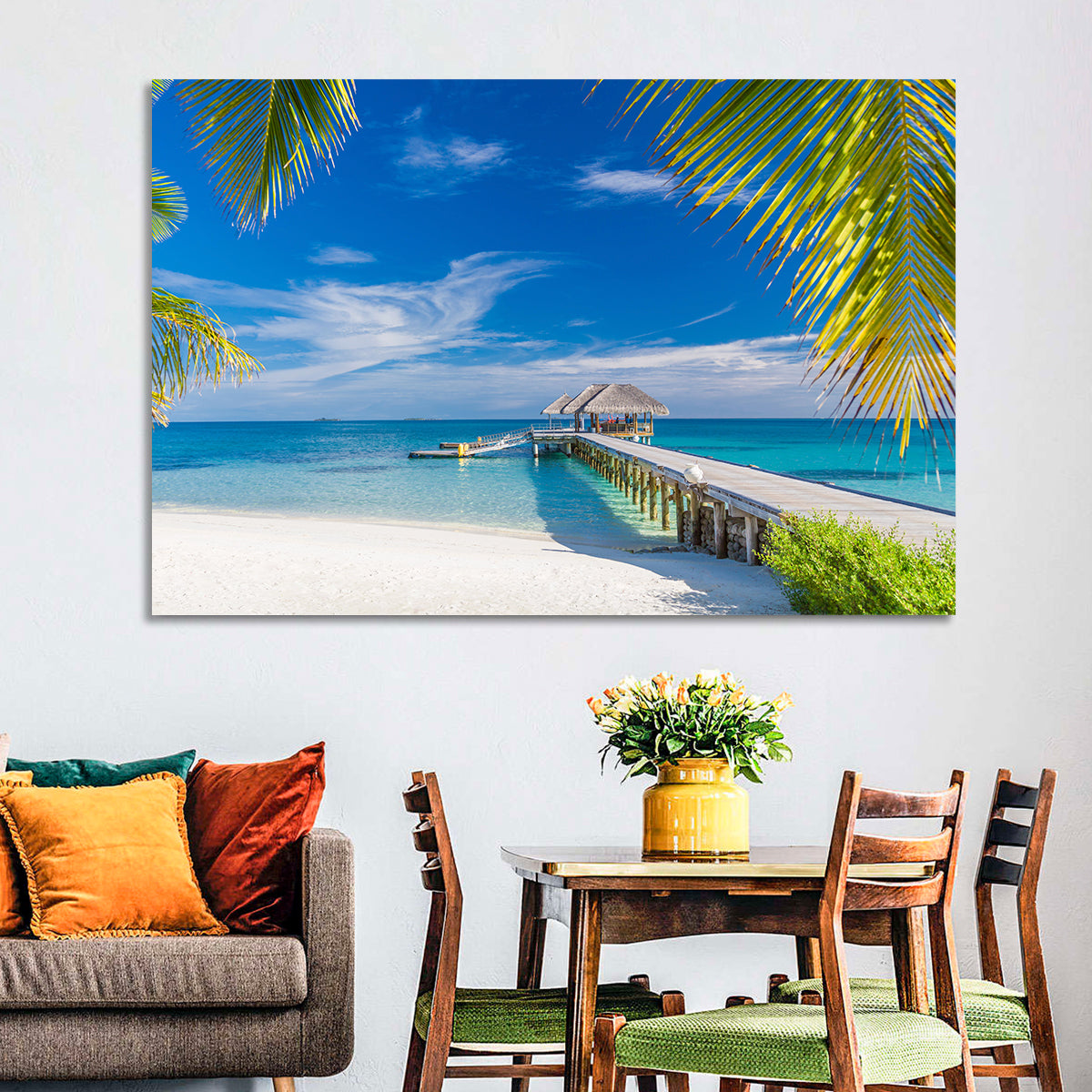 Maldives Overwater Pier Wall Art in a room, landscape