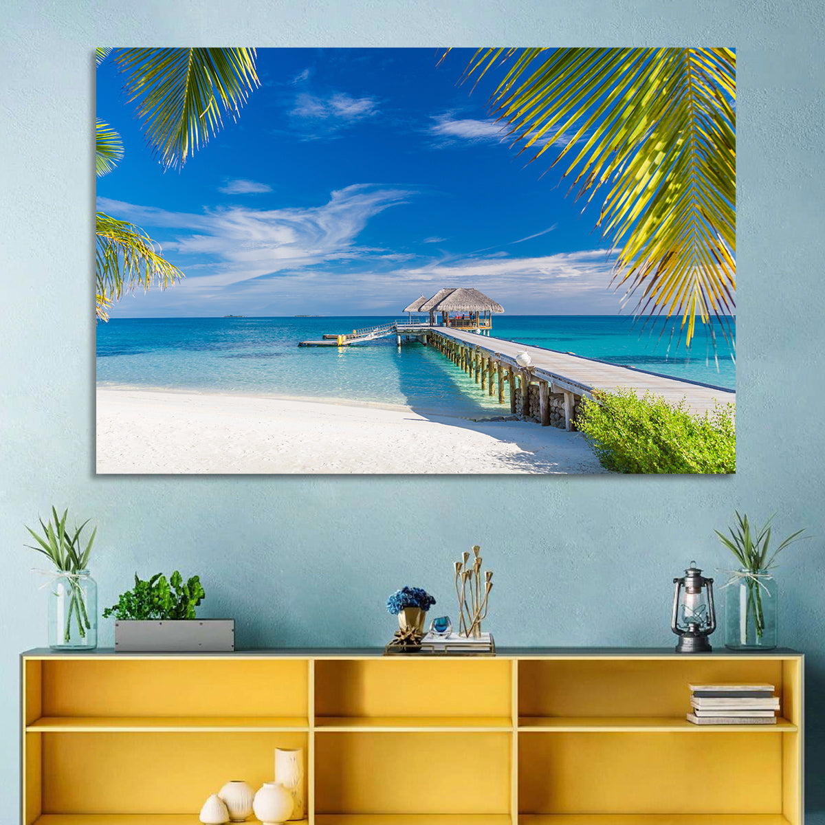 Maldives Overwater Pier Wall Art in a room, landscape
