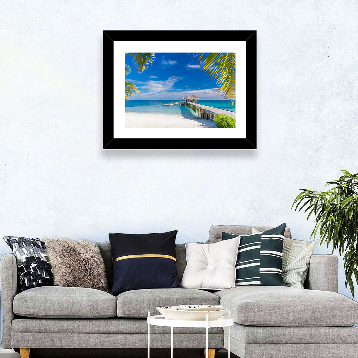 Maldives Overwater Pier Wall Art in a room, landscape