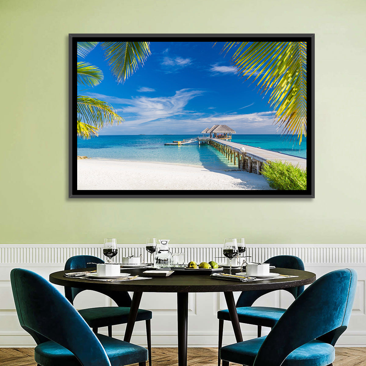 Maldives Overwater Pier Wall Art in a room, landscape