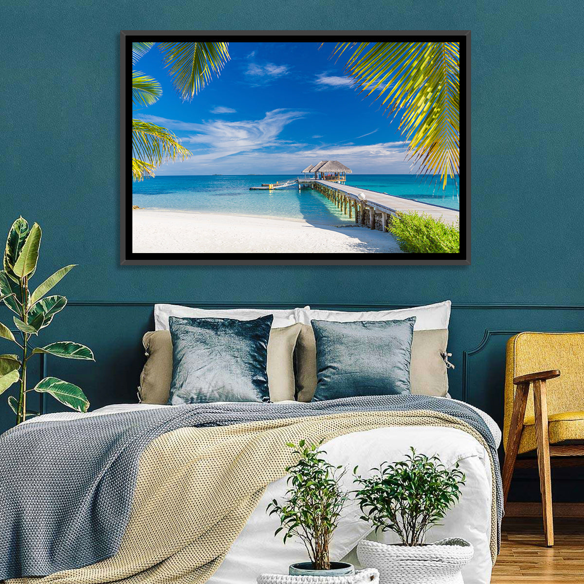 Maldives Overwater Pier Wall Art in a room, landscape