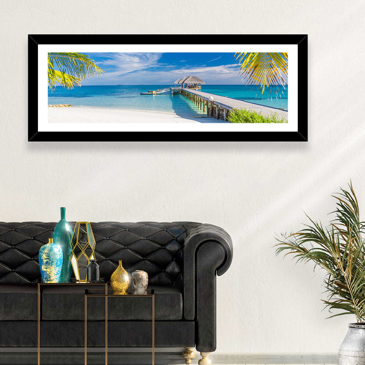Maldives Overwater Pier Wall Art in a room, landscape