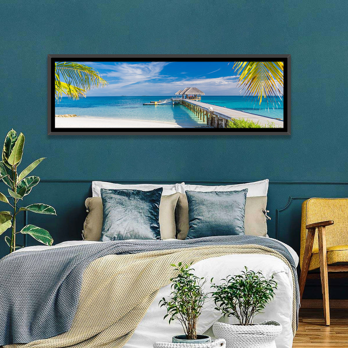 Maldives Overwater Pier Wall Art in a room, landscape