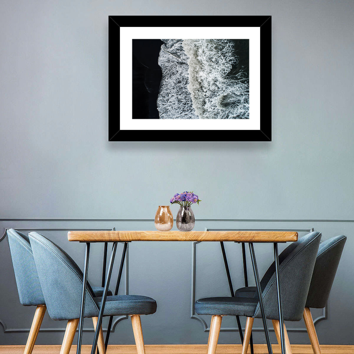 Aerial Black Sand Shoreline Wall Art in a room, landscape
