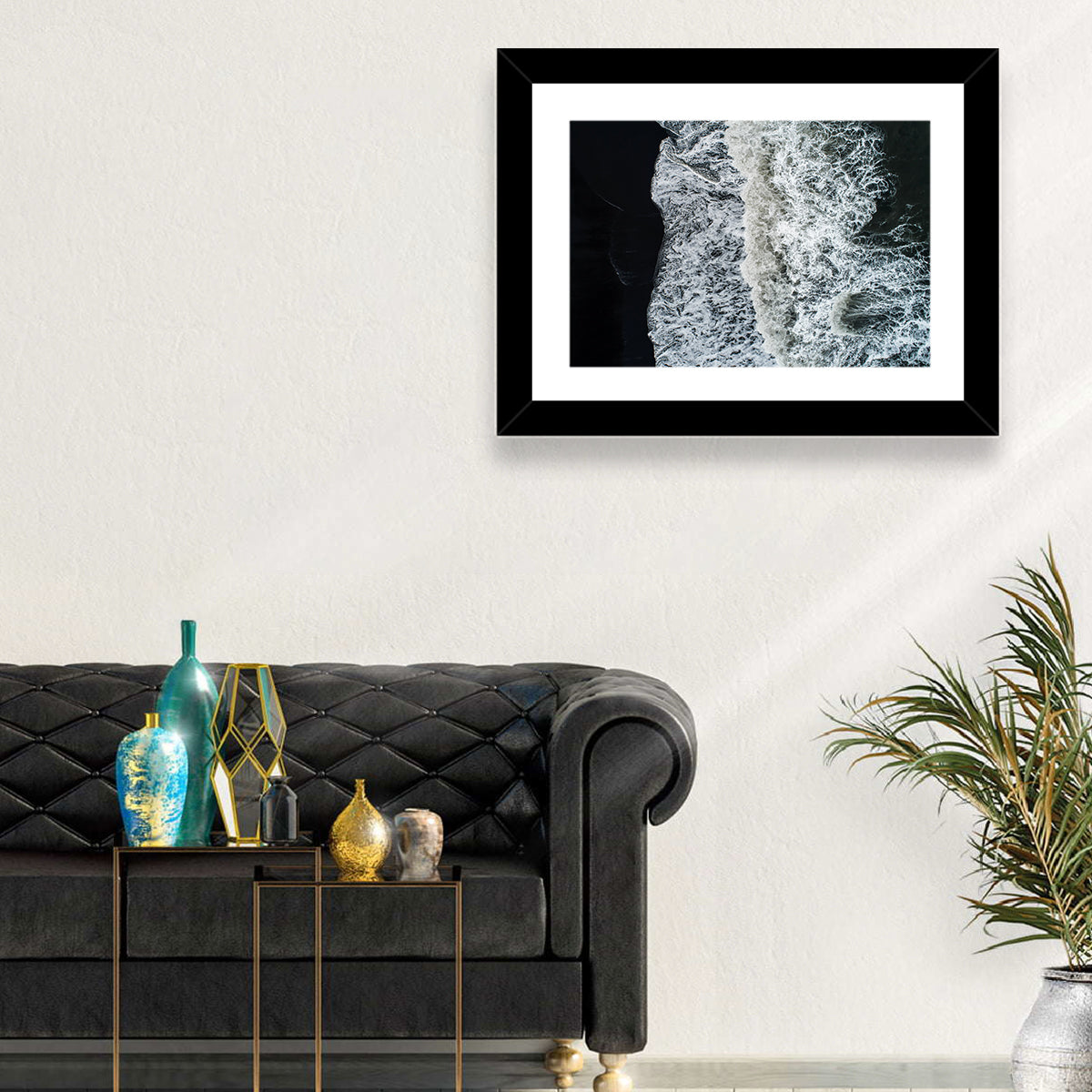 Aerial Black Sand Shoreline Wall Art in a room, landscape